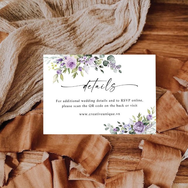 Tarjeta De Recepción Código QR del sitio web de boda de Purple Floers (Subido por el creador)