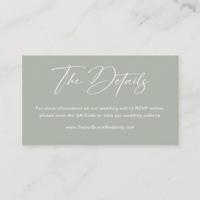 Tarjeta De Recepción Código QR del sitio web de boda elegante verde sal (Anverso)