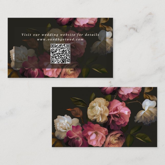 Tarjeta De Recepción Código QR del sitio web de boda floral oscuro temp (Anverso / Reverso)