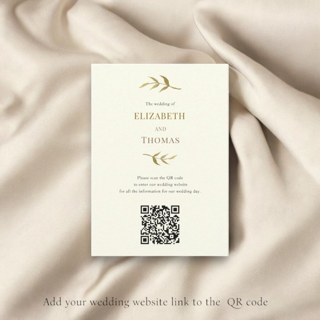 Tarjeta De Recepción Código qr del sitio web tradicional de boda modern (wedding website qr code template , easy to customize , luxury ivory and gold wedding)