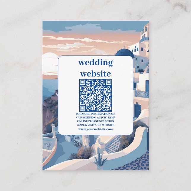 Tarjeta De Recepción Código QR Destino Grecia Boda Santorini (Anverso)