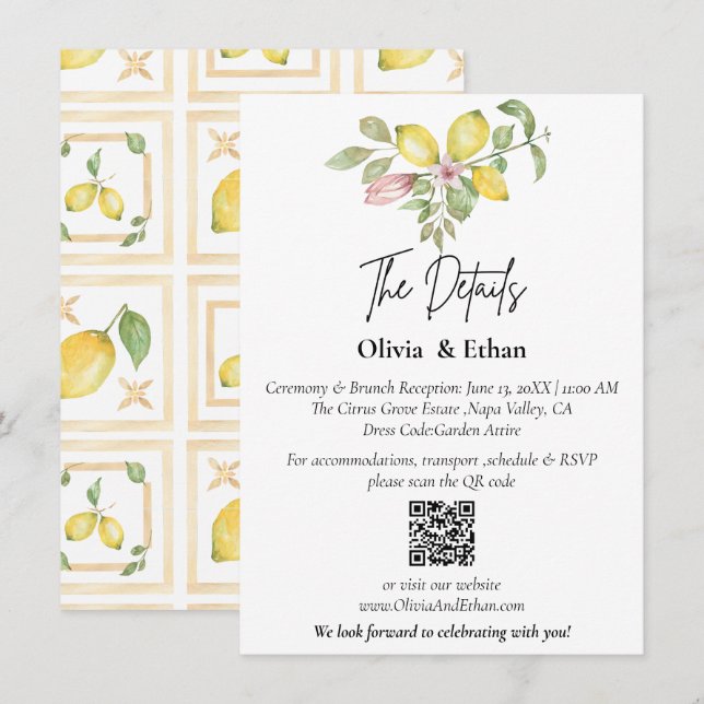 Tarjeta De Recepción Código QR Detalles de Boda Floral de Limón (Anverso / Reverso)