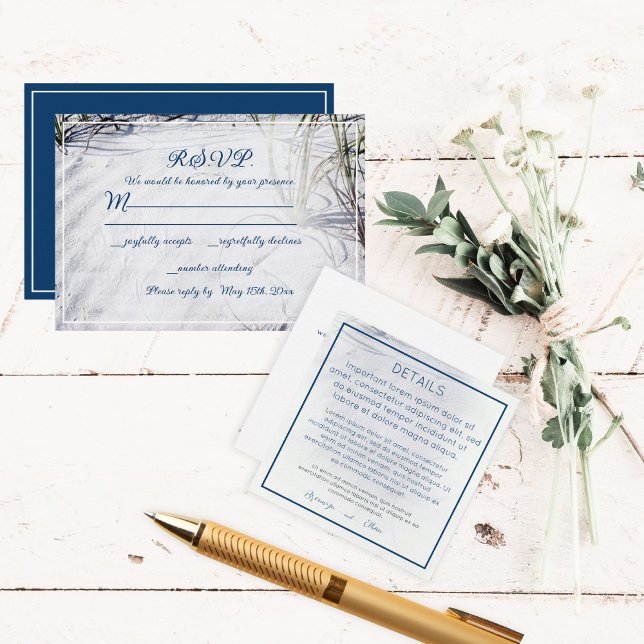 Tarjeta De Recepción Código QR Detalles de la boda Sandy Beach (Details and RSVP cards for a beach wedding)