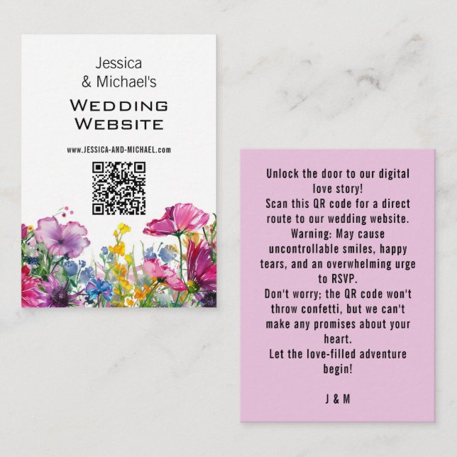 Tarjeta De Recepción 💗 código QR + dirección del sitio web Meadow Bloo (Anverso / Reverso)