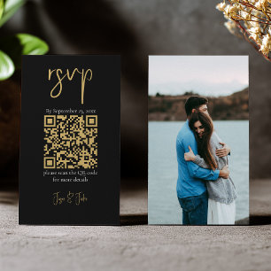 Tarjeta De Recepción Código QR dorado con foto completa RSVP de boda ne