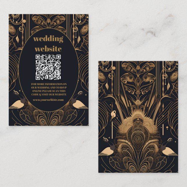 Tarjeta De Recepción código qr Elegant Art Deco Peacocks Boda (Anverso / Reverso)