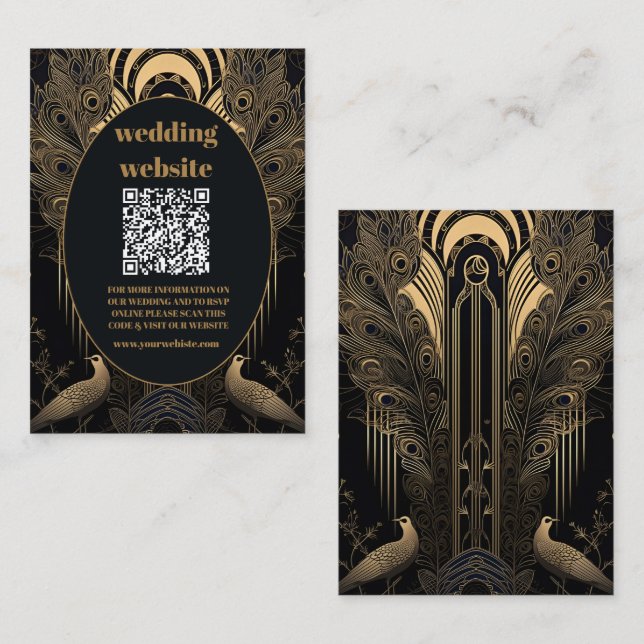 Tarjeta De Recepción código qr Elegant Art Deco Peacocks Boda (Anverso / Reverso)