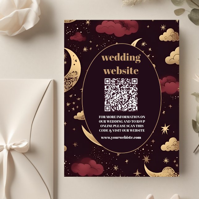 Tarjeta De Recepción código qr Elegant Burgundy Gold Celestial Boda (Subido por el creador)
