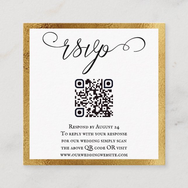 Tarjeta De Recepción Código QR Elegante Oro Boda Blanca Negra RSVP (Anverso)