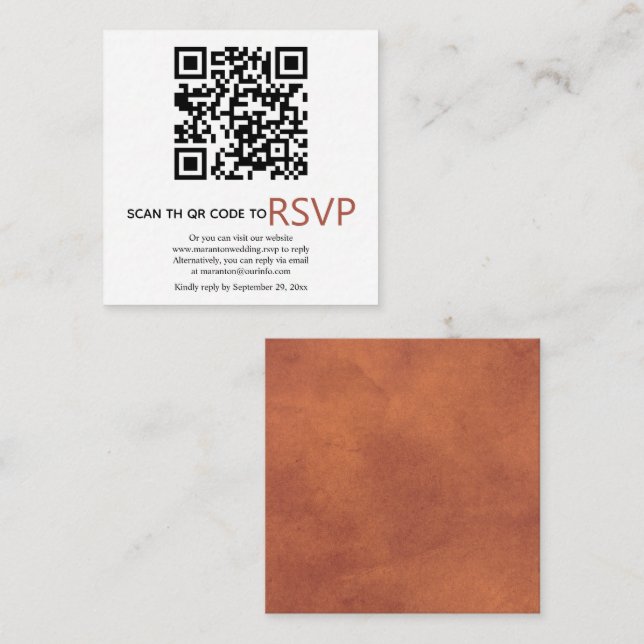 Tarjeta De Recepción Código QR en línea boda de terracota manchado de R (Anverso / Reverso)