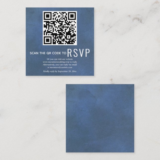 Tarjeta De Recepción Código QR en línea RSVP boda azul manchado (Anverso / Reverso)