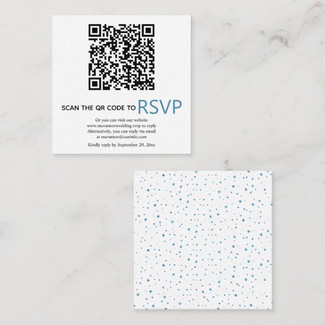 Tarjeta De Recepción Código QR en línea RSVP boda de confetti azul (Anverso / Reverso)