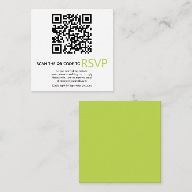 Tarjeta De Recepción Código QR en línea RSVP boda verde claro moderno (Anverso / Reverso)