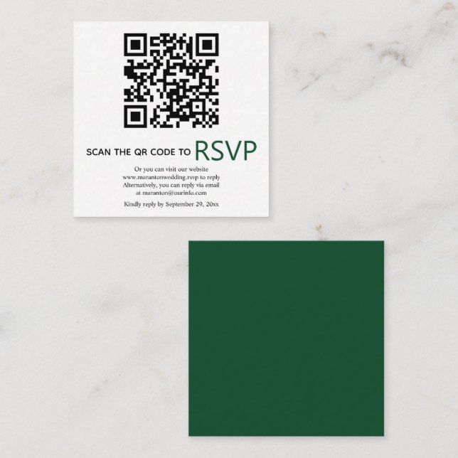 Tarjeta De Recepción Código QR en línea RSVP boda verde esmeralda moder (Anverso / Reverso)