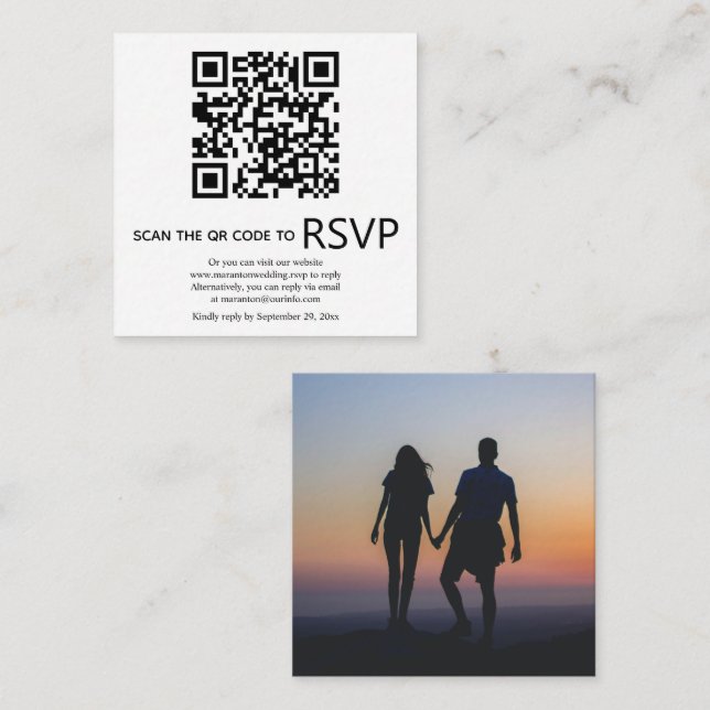 Tarjeta De Recepción Código QR en línea RSVP foto boda en blanco y negr (Anverso / Reverso)
