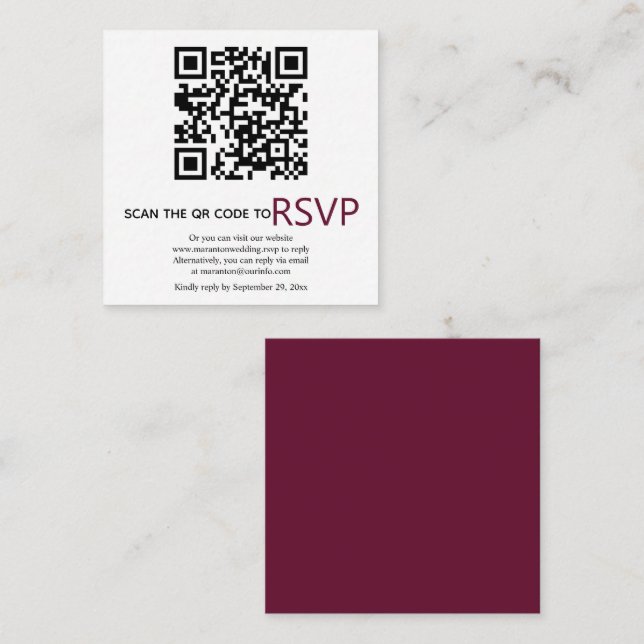 Tarjeta De Recepción Código QR en línea RSVP moderno boda burdeos (Anverso / Reverso)