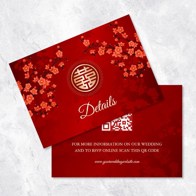 Tarjeta De Recepción Código QR | Flor de Cerezo Roja Boda China (Subido por el creador)