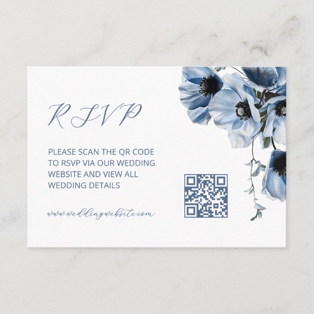 Tarjeta De Recepción Código QR |  Floral Azul (Anverso)
