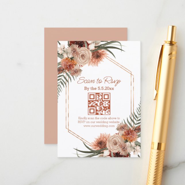 Tarjeta De Recepción código qr floral de acuarela de otoño rsvp boda (Anverso/Reverso In Situ)
