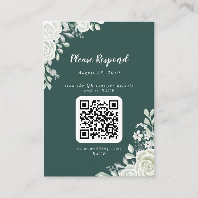 Tarjeta De Recepción Código QR Floral de hoja verde RSVP (Anverso)