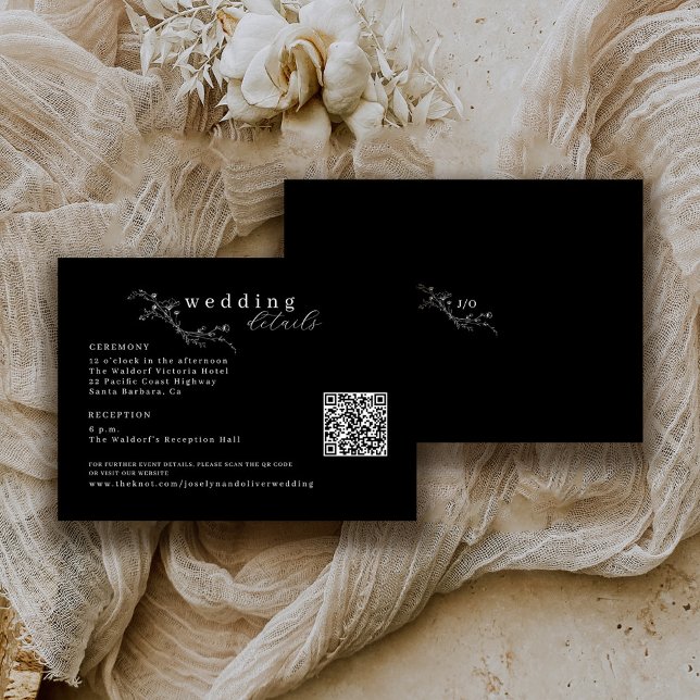 Tarjeta De Recepción Código QR floral esbozado blanco sobre Boda negro (Subido por el creador)