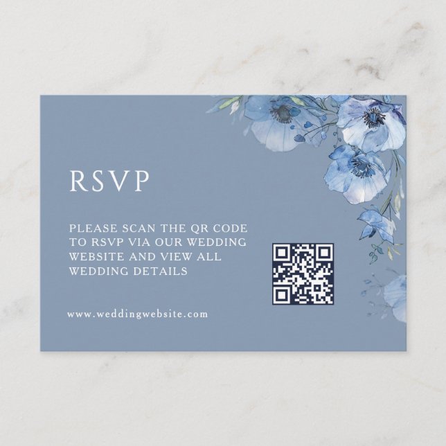 Tarjeta De Recepción Código QR |  Flores Azules Artísticas (Anverso)