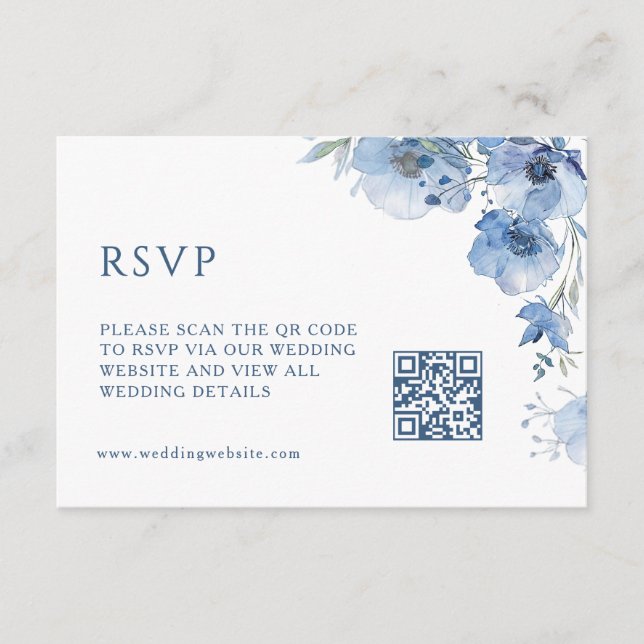 Tarjeta De Recepción Código QR |  Flores Azules Artísticas (Anverso)