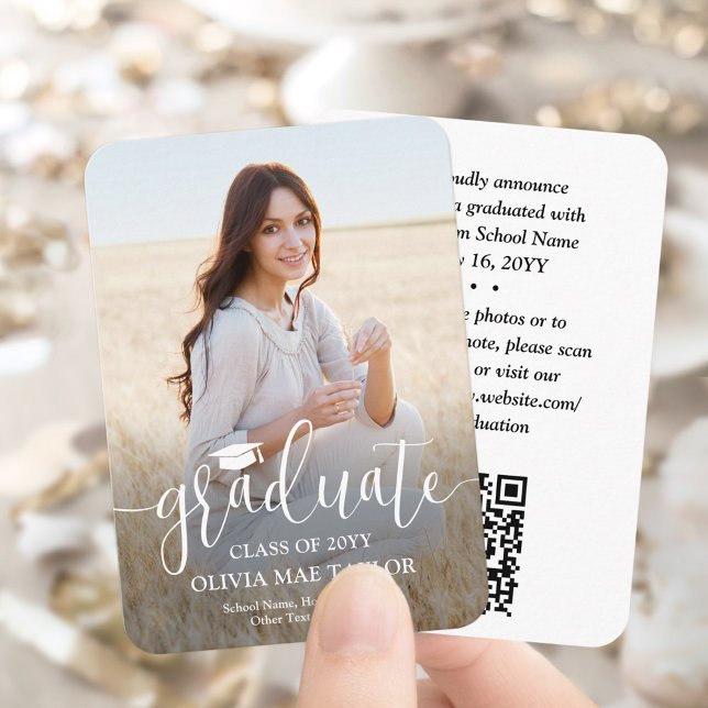 Tarjeta De Recepción Código QR Mini Graduación Foto Guión blanco modern (Subido por el creador)