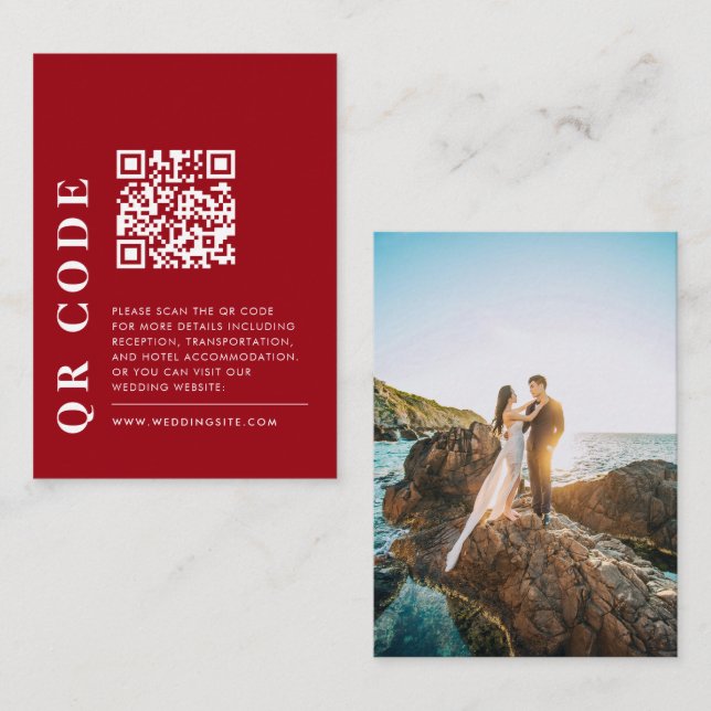 Tarjeta De Recepción Código QR mínimo Boda rojo y blanco foto (Anverso / Reverso)