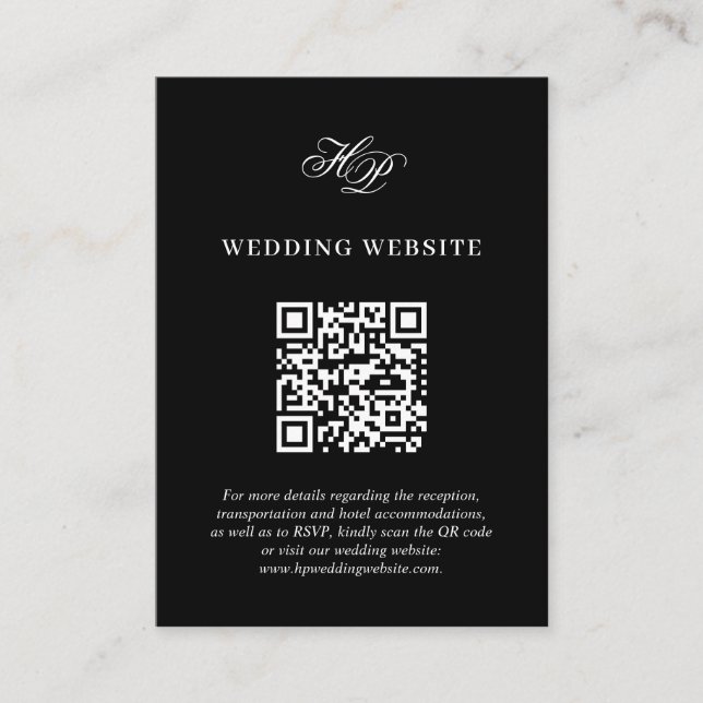 Tarjeta De Recepción Código QR mínimo de Boda de monograma negro (Anverso)