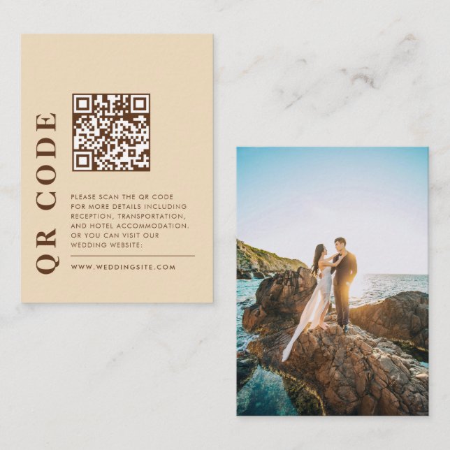 Tarjeta De Recepción Código QR moderno Boda Beige Detalles foto (Anverso / Reverso)