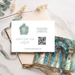 Tarjeta De Recepción Código QR Monograma Azul, verde eterno RSVP en lín