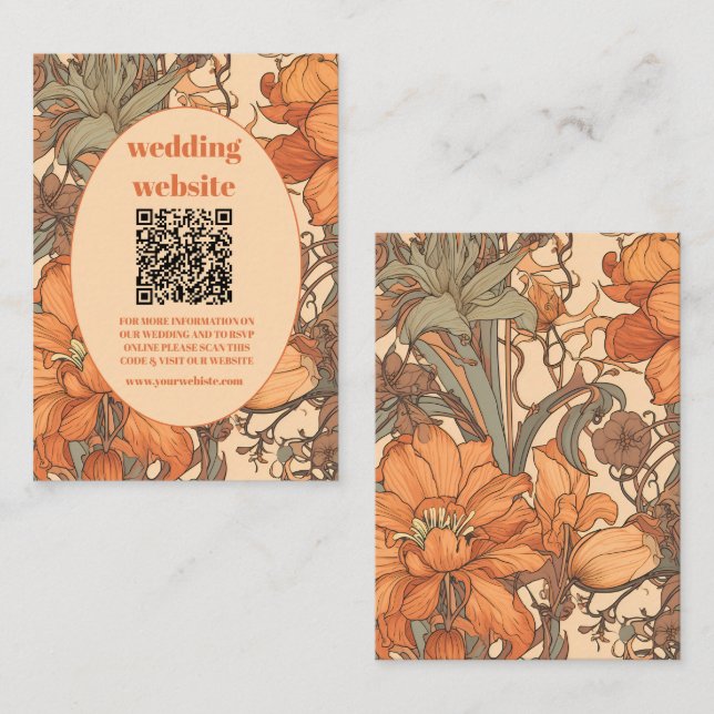 Tarjeta De Recepción código qr Naranja quemado Boda de Art Nouveau flor (Anverso / Reverso)