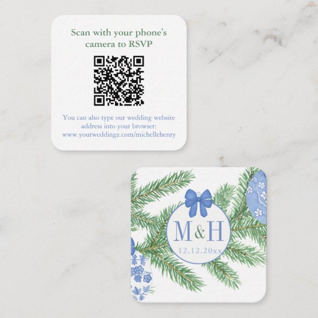 Tarjeta De Recepción Código QR Navidades blancos azules casados RSVP (Anverso / Reverso)