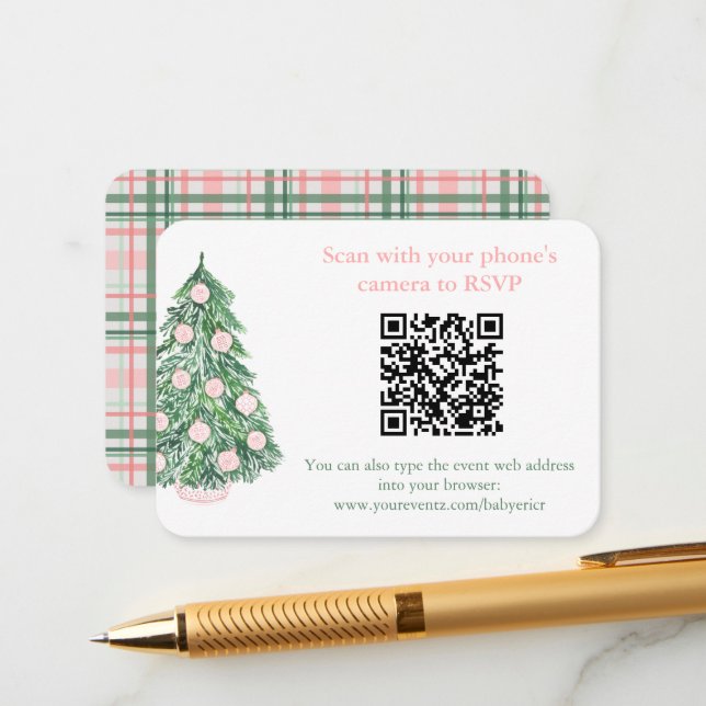 Tarjeta De Recepción Código QR Navidades verdes rosados RSVP o Registro (Anverso/Reverso In Situ)