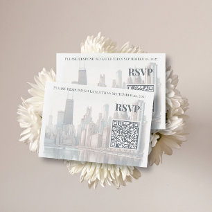 Tarjeta De Recepción Código QR para Boda con Acuarela del Horizonte de