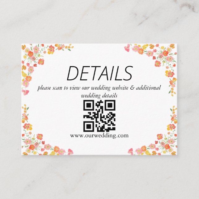 Tarjeta De Recepción Código QR para Boda floral rosa y Naranja (Anverso)