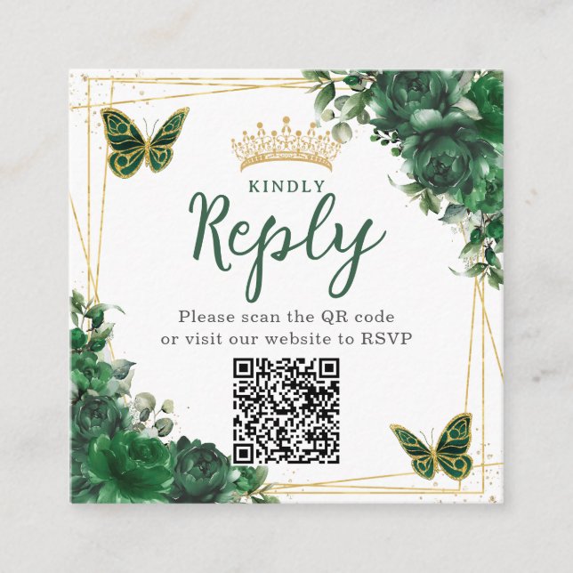Tarjeta De Recepción Código QR para mariposa floral verde esmeralda Qui (Anverso)