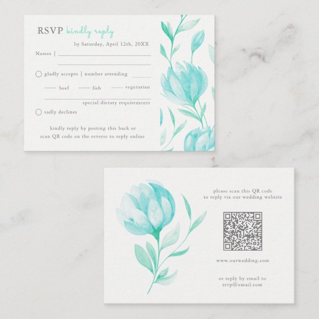 Tarjeta De Recepción Código QR para parejas de verde azulados casamient (Anverso / Reverso)