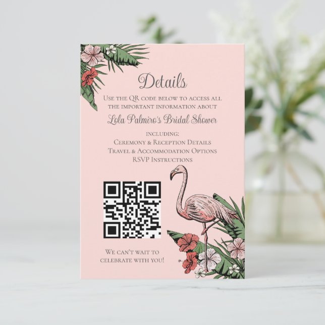 Tarjeta De Recepción Código QR para web de ducha de novia Flamingo en H (Anverso de pie)
