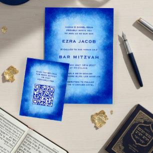 Tarjeta De Recepción Código QR personalizado de acuarela azul Bar Mitzv