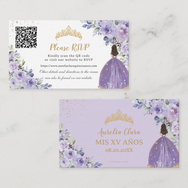 Tarjeta De Recepción Código QR Purple Lilac Floral Gold Quinceañera (Anverso / Reverso)