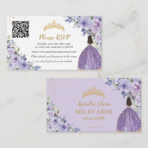 Tarjeta De Recepción Código QR Purple Lilac Floral Gold Quinceañera