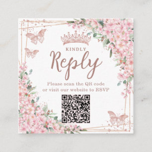 Tarjeta De Recepción Código QR Quinceañera Rosa Dorado Flor de Cerezo