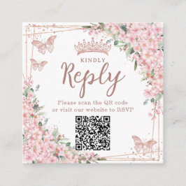 Tarjeta De Recepción Código QR Quinceañera Rosa Dorado Flor de Cerezo