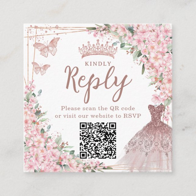 Tarjeta De Recepción Código QR Quinceañera Rosa Dorado Flores de Cerezo (Anverso)