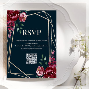 Tarjeta De Recepción Código QR RSVP   Azul Marino   Floral Burgundy