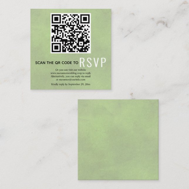 Tarjeta De Recepción Código QR RSVP boda verde de salvia manchado (Anverso / Reverso)