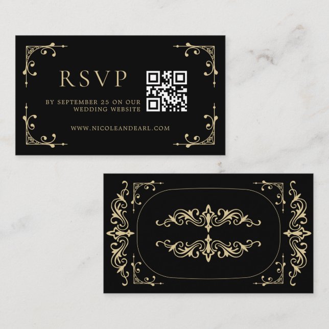 Tarjeta De Recepción Código Qr RSVP Elegante Deco Oro Boda Retro Negro (Anverso / Reverso)