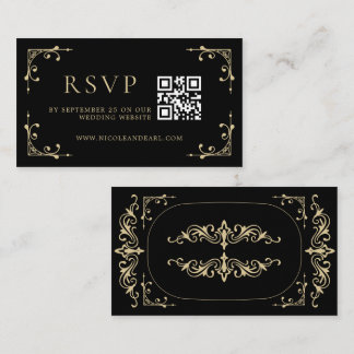 Tarjeta De Recepción Código Qr RSVP Elegante Deco Oro Boda Retro Negro